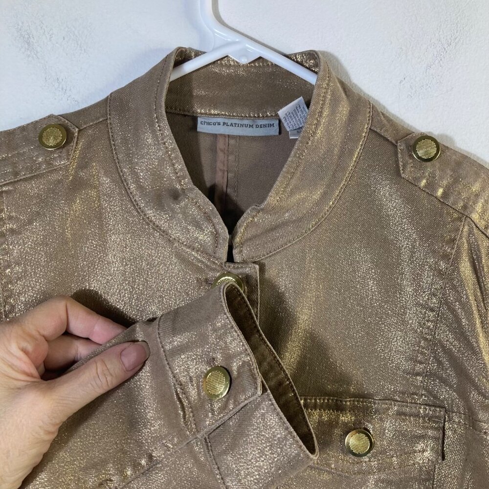 Womens Chicos Platinum Denim Utility‎ Jacket Stardust Gold M Cotton Spandex - Picture 3 of 8